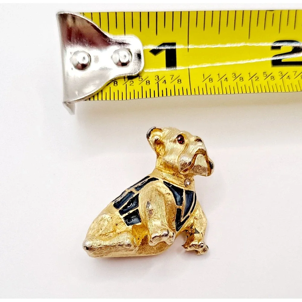 Vintage Goldtone English Bulldog Brooch – Blue Enamel Sweater, Rhinestone Eyes